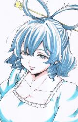  blue_dress blue_eyes blue_hair breasts cleavage commentary_request dress drill_hair drill_sidelocks female grin hair_ornament hair_rings hair_stick highres kaku_seiga large_breasts medium_hair s590220 sidelocks smile solo touhou upper_body 