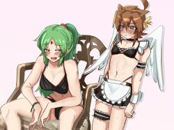  1boy angel_wings armband blush bra breasts chair commentary_request crossdressing crossdressing_(mtf) female frilled_armband frilled_skirt frilled_thigh_strap frills green_hair high_ponytail japanese_ranguage_commentary kid_icarus kid_icarus_uprising large_breasts laurel_crown long_hair midriff navel on_chair open_mouth oyecomova08 palutena panties pit_(kid_icarus) ponytail short_hair sitting skirt standing sweat sweatdrop thigh_strap underwear white_wings wings wrist_cuffs 