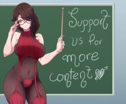  absurdres alternate_costume black_hair breasts chalkboard cinder_fall commentary english_commentary english_text female glasses highres large_breasts leotard maik_beelzebub pantyhose rwby shirt sleeveless sleeveless_shirt solo thighhighs thong thong_leotard virgin_killer_sweater wooden_staff yellow_eyes 