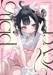  absurdres ahoge animal_ear_fluff animal_ears animal_hands bare_shoulders bell black_hair blush border cat_ears cat_paws cat_tail commentary_request cover cover_page crop_top cropped_shirt english_text fake_animal_ears female frills grey_eyes hair_bell hair_ornament highres medium_hair original panties pink_border pink_shirt pink_skirt riko_(rik0ring) shirt short_twintails skirt sleeveless solo tail tears thermometer thermometer_in_mouth twintails underwear white_panties 