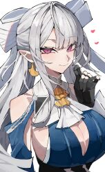  absurdres ascot bare_shoulders black_gloves blue_dress blush breasts closed_mouth clothing_cutout commentary_request dress earrings female gloves grey_hair hand_up heart highres jewelry large_breasts long_hair looking_at_viewer pointy_ears purple_eyes shoulder_cutout sideboob simple_background smile solo upper_body velina_airgid walk43049101art white_background yellow_ascot zenless_zone_zero 