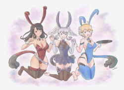  3girls ahoge alternate_costume animal_ear_hairband animal_ears belt black_dress black_hair blonde_hair blue_leotard bow bowtie breasts cleavage covered_navel detached_collar dress fake_animal_ears fake_tail fiora_(xenoblade) full_cleavage grey_hair hairband head_wings highleg highleg_leotard highres holding holding_tray itsjarrrd leotard loose_belt melia_antiqua multiple_girls nontraditional_playboy_bunny playboy_bunny plunging_neckline rabbit_ear_hairband rabbit_ears red_leotard sharla_(xenoblade) short_dress strapless strapless_leotard tail thighhighs thighs tray v white_wrist_cuffs wings wrist_cuffs xenoblade_chronicles_(series) xenoblade_chronicles_1 