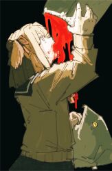  black_background blonde_hair blood blood_on_mouth bow cardigan commentary_request dead_animal drinking_blood female fish hairbow highres holding medium_hair oisiiidoo open_mouth original school_uniform serafuku short_twintails skirt twintails upper_body yellow_eyes 