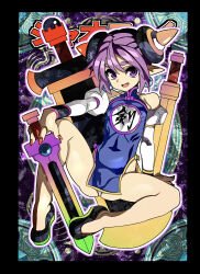  ababaoi absurdres black_border black_shoes blue_dress blush border card_(medium) chinese_clothes commentary_request detached_sleeves dress earrings female hair_ornament highres huge_weapon jewelry nail_polish open_mouth panties pantyshot pointy_ears purple_eyes purple_hair qipao red_nails shaofei_(shinrabanshou) shinrabanshou shoes short_hair solo sword thick_eyebrows underwear weapon white_panties 