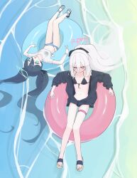  2girls absurdres alternate_costume alternate_hairstyle aqua_halo aris_(blue_archive) bikini bikini_visible_through_clothes black_bikini black_jacket blue_archive blue_bikini blue_eyes closed_mouth commentary hair_between_eyes halo highres jacket kei_(blue_archive) kei_(student)_(blue_archive) korean_commentary long_hair low_twintails multiple_girls open_clothes open_jacket open_mouth pink_eyes pink_halo ponytail shirt somgolmae swim_ring swimsuit t-shirt toes twintails very_long_hair water white_shirt 