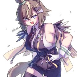  absurdres ahoge animal_ears black_boots black_shirt black_shorts blue_eyes blush boots breasts brown_hair chess_piece commentary female gloves grey_hair grey_streaks hair_ornament hair_over_one_eye hairclip high-waist_shorts highres horse_ears horse_girl horse_tail kasei_ovo large_breasts looking_at_viewer multicolored_hair multiple_hairclips oerba_yun_fang open_mouth rook_(chess) rulership_(monochrome_gm)_(umamusume) rulership_(umamusume) shirt short_hair shorts sleeveless sleeveless_shirt smile solo streaked_hair tail thigh_boots umamusume white_gloves 