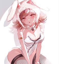  :o animal_ears animal_hood armlet bare_shoulders black_leotard blush breasts brown_hair cleavage commentary_request danganronpa_(series) danganronpa_2:_goodbye_despair fake_animal_ears female fishnet_thighhighs fishnets flipped_hair hai_zhi hair_ornament highres hood jewelry large_breasts leotard looking_at_viewer low_neckline medium_hair mole mole_on_breast nanami_chiaki neck_ribbon pink_eyes pink_ribbon playboy_bunny rabbit_ears rabbit_hood ribbon solo thighhighs white_leotard 