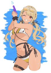  absurdres bare_shoulders belt bikini black_bikini black_ribbon black_scrunchie blonde_hair blue_background breasts chuckeyeroll298 cleavage commentary cropped_legs dark-skinned_female dark_skin earrings eyewear_on_head female grin hair_ornament hair_ribbon highres holding holding_water_gun jewelry kaminari_qpi kaminari_qpi_(summer_c102) large_breasts looking_at_viewer multi-strapped_bikini_bottom multi-strapped_bikini_top navel o-ring o-ring_bikini one_eye_closed orange_eyes ribbon ringlets scrunchie skindentation smile solo stomach sunglasses sweat swimsuit thigh_belt thigh_strap thighs tinted_eyewear twintails underboob untranslatable_commentary virtual_youtuber vspo! waist_ribbon water_gun white_background white_bikini wrist_scrunchie x_hair_ornament yellow-tinted_eyewear yellow_bikini 