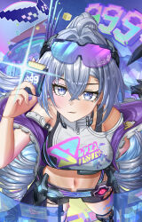  bare_shoulders black_gloves blue-tinted_eyewear breasts closed_mouth collarbone commentary_request crop_top drill_hair drill_ponytail eyewear_on_head feet_out_of_frame female fingerless_gloves gauntlets gloves goggles goggles_on_head gradient-tinted_eyewear grey_eyes grey_hair hair_between_eyes highres holding honkai:_star_rail honkai_(series) jacket jinqiqi long_hair looking_at_viewer mechanical_wings navel official_alternate_costume open_clothes open_jacket open_mouth portrait purple-tinted_eyewear purple_eyes shirt silver_wolf_(honkai:_star_rail) silver_wolf_(lv.999)_(honkai:_star_rail) single_mechanical_wing smile solo standing stomach teeth thigh_strap tinted_eyewear white_shirt wings 
