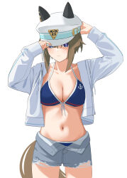  absurdres adjusting_clothes adjusting_headwear anchor_print anchor_symbol animal_ears arms_up belt bikini bikini_bottom_under_shorts bikini_under_clothes blue_belt blue_bikini blue_eyes blush breasts brown_hair cheval_grand_(umamusume) cleavage closed_mouth collarbone commentary_request cowboy_shot ear_covers female front-tie_bikini_top front-tie_top grey_jacket grey_shorts halterneck hat hat_belt highres horse_ears horse_girl horse_tail jacket large_breasts long_sleeves multicolored_hair navel open_clothes open_fly open_jacket open_shorts peaked_cap short_hair short_hair_with_long_locks shorts sidelocks simple_background solo stomach streaked_hair swimsuit tail tikatetu7facty torn_clothes torn_shorts umamusume white_background white_hat white_streaks 