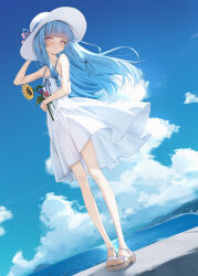 arm_across_waist bare_arms bare_shoulders blue_hair blue_sky blush cloud commentary day dress dutch_angle female flat_chest floating_clothes floating_hair flower flower_request from_below full_body haamon_(harmon) hand_on_headwear hand_up hat highres holding holding_flower horizon kotonoha_aoi long_hair looking_at_viewer looking_down low-tied_sidelocks ocean open_mouth outdoors pigeon-toed pink_eyes pink_flower purple_flower sandals sidelocks sky sleeveless sleeveless_dress smile solo spaghetti_strap standing sundress sunflower toes turning_head voiceroid white_dress white_flower white_hat yellow_flower 