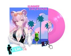  absurdres animal_ears arknights bare_shoulders braid breasts character_name closed_mouth commentary cup drinking_glass english_commentary english_text eugle_na eyewear_on_head female hair_between_eyes highres jewelry lin_(arknights) lin_(summer_flowers)_(arknights) long_sleeves looking_at_viewer medium_breasts mixed-language_commentary multiple_rings official_alternate_costume pink_eyes pink_hair ring solo translation_request vaporwave vinyl_record 