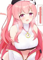  absurdres bemani black_hat black_shorts breasts commentary embarrassed female hat highres jacket large_breasts long_hair looking_at_viewer pink_eyes pink_hair rasis rasis_(nabla) shi_cha short_shorts shorts simple_background solo sound_voltex steaming_body sweat very_long_hair white_background white_jacket 