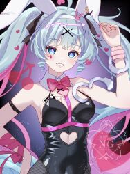  ahoge alternate_breast_size_(larger) animal_ears aqua_eyes aqua_hair black_leotard blush bow breasts bunny_day cleavage collarbone commentary_request cuffs fake_animal_ears female hair_ornament handcuffs hatsune_miku highres leotard long_hair looking_at_viewer medium_breasts multicolored_hair pantyhose parted_lips pink_hair playboy_bunny rabbit_ears rabbit_hole_(vocaloid) rabbit_tail red_bow red_nails red_ribbon ribbon sakusakupenpen smile solo tail teeth very_long_hair vocaloid watermark wrist_ribbon 