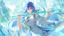  blue_eyes blue_hair blush breasts closed_mouth commentary dress earrings female floating forehead_tattoo hair_ornament hair_stick hand_to_blade hands_up highres holding holding_sword holding_weapon jewelry large_breasts long_hair looking_at_viewer mihan_(mihan_art) qingxiao_(wuthering_waves) solo sword sword_fingers tattoo transparent_sword upper_body weapon white_dress wuthering_waves 