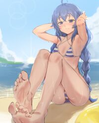  absurdres ahoge armpits barefoot beach bikini blue_bikini blue_eyes blue_hair braid breasts cloud cloudy_sky commentary feet female foreshortening highres ketsufan knees_up legs long_hair mushoku_tensei ocean outdoors roxy_migurdia sitting sky small_breasts soles solo striped_bikini striped_clothes sun swimsuit toes twin_braids very_long_hair 