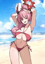  absurdres armpits arms_behind_head arms_up beach bikini black_horns blue_archive blue_sky blush breasts cleavage cloud cloudy_sky collarbone commentary_request day female flower hair_flower hair_intakes hair_ornament halo highres horns huge_breasts long_hair looking_at_viewer mole mole_on_breast multicolored_horns navel ocean oerba_yun_fang open_mouth outdoors pink_hair red_bikini red_halo red_horns sand satsuki_(blue_archive) satsuki_(swimsuit)_(blue_archive) shidiancijianongpao side-tie_bikini_bottom sky smile solo stomach swimsuit teeth thighs two-tone_horns yellow_eyes yellow_flower 