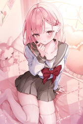  arm_at_side arm_support blush bow brown_sailor_collar brown_skirt chest_bow closed_mouth collarbone commentary_request curled_fingers female finger_to_cheek hair_behind_ear hair_ornament hairclip hand_up heart heart-shaped_pillow highres indoors long_hair long_sleeves looking_at_viewer miniskirt on_bed original parted_bangs photo_(object) pillow pink_eyes pink_hair raised_inner_eyebrows red_bow sailor_collar school_uniform serafuku shy sitting skindentation skirt sleeves_past_wrists solo straight_hair stuffed_animal stuffed_rabbit stuffed_toy thighhighs thighs wavy_mouth white_serafuku white_thighhighs yokozuwari yugaa zettai_ryouiki 