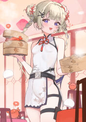  :d absurdres amanogawa_shiina bamboo_steamer belt black_belt braid breasts center-flap_bangs chair chinese_clothes chocosong colored_inner_hair commentary_request commission crab double-parted_bangs double_bun dress female food grey_hair hair_bun heart heart_in_eye highres holding holding_bamboo_steamer indoors long_hair looking_at_viewer multicolored_hair open_mouth phase_connect pixiv_commission pouch purple_eyes purple_hair purple_streaks qipao short_dress sleeveless sleeveless_dress small_breasts smile steamed_bun streaked_hair symbol_in_eye table thigh_pouch thigh_strap twin_braids virtual_youtuber white_dress 