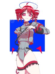  absurdres adapted_costume ahoge breasts commentary_request cross-shaped_pupils detached_wings drill_hair female flying_nimbus grey_jacket grey_leotard groin hair_ribbon highres jacket kasane_teto kasane_teto_(sv) leotard looking_at_viewer low_wings medium_breasts nail_polish red_eyes red_hair red_nails ribbon seibutsu_(kaibu23_seibutu) solo symbol-shaped_pupils synthesizer_v twin_drills utau white_ribbon wings 