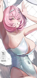  alternate_costume animal_ears armpits breasts commentary_request covered_navel fake_animal_ears female hair_intakes highres kurosiva large_breasts leotard looking_at_viewer medium_hair open_mouth pink_hair playboy_bunny pointy_ears purple_eyes rabbit_ears rabbit_pose remielle_dan solo white_leotard white_wings wings zenless_zone_zero 
