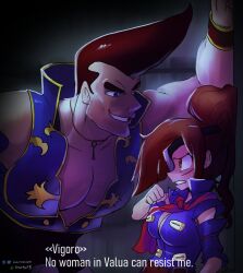  1boy breasts brown_eyes brown_hair cleavage commentary english_commentary english_text eternal_arcadia eyepatch female genderswap_(mtf) highres ian_samson jacket kabedon open_clothes open_jacket pompadour ponytail rule_63 scar scar_on_face vigoro vyse 
