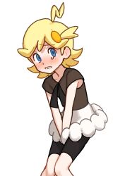  1boy absurdres ahoge between_legs bike_shorts bike_shorts_under_skirt blonde_hair blue_eyes blush bonnie_(pokemon) bonnie_(pokemon)_(cosplay) brown_shirt clemont_(pokemon) commentary_request cosplay crossdressing crossdressing_(mtf) hand_between_own_legs highres knees_together_feet_apart looking_at_viewer male_focus medium_hair no_eyewear okomeyama pokemon pokemon_x_and_y raised_inner_eyebrows shirt short_sleeves simple_background skirt solo tearing_up white_background white_skirt 