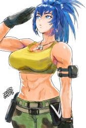  abs arm_pouch arm_strap bare_shoulders belt blue_eyes blue_hair breasts closed_mouth commentary_request crop_top earrings female jewelry large_breasts leona_heidern misodiru muscular muscular_female navel pants ponytail pouch salute solo sweat tank_top the_king_of_fighters the_king_of_fighters_xv toned toned_female triangle_earrings yellow_tank_top 