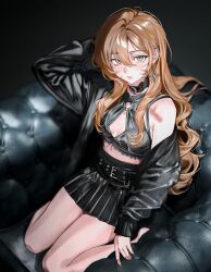  absurdres aqua_eyes arm_behind_back black_background black_collar black_jacket black_shirt breasts brown_background brown_eyes brown_hair cleavage_cutout clothing_cutout collar couch crop_top cropped_shirt earrings female full_body gradient_background highres jacket jewelry kneeling long_hair long_sleeves looking_at_viewer multicolored_eyes on_couch original parted_lips shirt sigta sleeveless sleeveless_shirt small_breasts solo thighs two-tone_eyes upper_body 