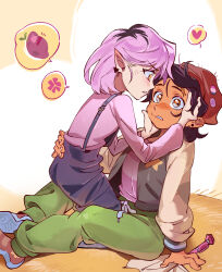  2girls absurdres amity_blight anger_vein angry badge beanie blue_overalls blush brown_eyes brown_hair button_badge commentary_request dark-skinned_female dark_skin food green_pants hand_on_another's_head hat heart highres jacket korean_commentary luz_noceda multicolored_hair multiple_girls ninguno_guilty overalls pants pen pink_hair pink_shirt pointy_ears scar scar_across_eyebrow scar_on_face shirt shoes short_hair sneakers spoken_anger_vein spoken_heart straddling sweet_potato the_owl_house two-tone_hair upright_straddle yellow_eyes yuri 