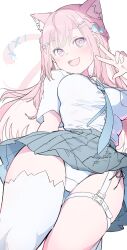  animal_ears belt blue_bow blue_necktie blue_ribbon blue_skirt blush bow braid breasts cat_ears cat_girl cat_hair_ornament cat_tail collarbone commentary_request female garter_straps hair_ornament hairbow hairclip highres indie_virtual_youtuber large_breasts necktie open_mouth panties pantyshot pink_eyes pink_hair pink_tail pleated_skirt ribbon school_uniform shirt short_sleeves simple_background single_garter_strap single_thighhigh skirt smile solo star_(symbol) star_hair_ornament suo_(esu) tail tail_ornament tail_ribbon thigh_belt thigh_strap thighhighs thighs underwear virtual_youtuber w white_background white_belt white_garter_straps white_panties white_shirt white_thighhighs yuuki_sakuna 
