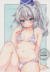  alternate_costume bikini blue_hat blush breasts breasts_apart closed_mouth collarbone commentary_request female frilled_bikini frills hat long_hair looking_at_viewer miyakooo0420 mononobe_no_futo navel ponytail sample_watermark small_breasts smile solo stomach swimsuit tate_eboshi thighs touhou traditional_media watermark white_bikini 