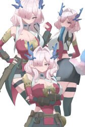  absurdres arknights arknights:_endfield bare_shoulders black_skirt black_thighhighs blue_eyes blue_horns blush breasts cleavage clenched_hand closed_mouth commentary crossed_arms female fingerless_gloves gloves hair_intakes hair_over_one_eye hand_on_own_hip hand_up highres horns large_breasts medium_hair mi_fu_(arknights) mole mole_on_breast mole_under_eye multiple_moles multiple_views one_eye_covered parted_lips pink_eyes pink_hair pointy_ears red_gloves simple_background skirt tail thigh_strap thighhighs white_background zo_(nphm3333) 