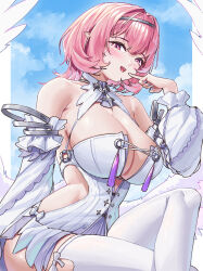  bare_shoulders blue_nails blue_sky blush bow breasts cleavage commentary day dress female fingernails hair_intakes highres hp1598 huge_breasts index_finger_raised long_sleeves medium_hair nail_polish open_mouth pink_eyes pink_hair remielle_dan sky smile solo tassel teeth thighhighs thighs upper_teeth_only white_bow white_dress white_sleeves white_thighhighs white_wings wings zenless_zone_zero 