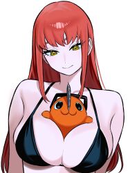  absurdres between_breasts black_bra black_eyes bra breasts canine chainsaw chainsaw_man highres long_hair looking_at_viewer looking_down makima_(chainsaw_man) pochita_(chainsaw_man) red_hair ringed_eyes underwear upper_body yellow_eyes zeon_(zzeeonn) 