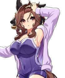  animal_ears blue_one-piece_swimsuit blush braid braided_hair_rings breasts brown_hair competition_school_swimsuit ear_covers ear_ornament female gentildonna_(umamusume) hair_between_eyes hair_ornament hair_rings horse_ears horse_girl horse_tail jacket large_breasts long_hair looking_at_viewer nieto_tokage one-piece_swimsuit open_clothes open_jacket red_eyes school_swimsuit simple_background single_vertical_stripe solo swimsuit tail tracen_swimsuit umamusume 