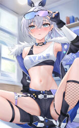  absurdres arm_up black_boots black_gloves black_jacket black_shorts black_sports_bra blush boots breasts commentary_request crop_top cropped_jacket crossed_bangs eyewear_on_head female fingerless_gloves fishnet_socks fishnets gloves green_eyes grey_hair hair_between_eyes highres honkai:_star_rail honkai_(series) indoors jacket kneehighs lilith_bread long_hair looking_at_viewer medium_breasts navel open_clothes open_jacket open_mouth ponytail short_shorts shorts silver_wolf_(honkai:_star_rail) single_kneehigh single_sock sitting socks solo sports_bra spread_legs stomach thigh_strap 