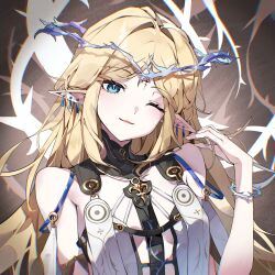  absurdres bare_shoulders blonde_hair breasts cartethyia_(wuthering_waves) chromatic_aberration commentary earrings female fleur-de-lis hair_intakes hand_up highres jewelry long_hair looking_at_viewer multiple_earrings one_eye_closed parted_bangs parted_lips pointy_ears sakanafish sidelocks small_breasts smile solo tacet_mark_(wuthering_waves) upper_body wuthering_waves 