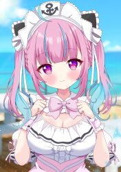  anchor_print aqua_hair blue_sky blush bow bowtie breasts cleavage closed_mouth cloud cloudy_sky colored_inner_hair commentary_request day dress female highres hiiragisensei hololive large_breasts long_hair looking_at_viewer maid_headdress minato_aqua minato_aqua_(girly_maid) multicolored_hair outdoors pink_bow pink_bowtie pink_dress pink_eyes pink_hair pink_wrist_cuffs sky smile solo streaked_hair twintails two-tone_hair virtual_youtuber white_dress wrist_cuffs 