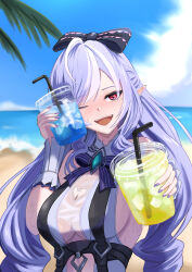  absurdres beach blue_sky blush bow braid breasts cleavage cleavage_cutout clothing_cutout commentary cup day disposable_cup female fingernails fuyuame5089 hair_between_eyes hairbow heart_cutout highres holding holding_cup long_hair looking_at_viewer medium_breasts mole mole_under_eye nail_polish official_alternate_costume one-piece_swimsuit one_eye_closed open_mouth outdoors pointy_ears purple_bow purple_nails red_eyes sideboob sky sleeveless solo swimsuit upper_body vivian_banshee vivian_banshee_(iris_of_the_shore) zenless_zone_zero 