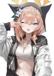  absurdres alternate_costume animal_ears black_jacket black_veil blue_archive blue_eyes blush breasts cat_ears cat_girl collarbone commentary cross cross_necklace female finger_to_eye flower hair_flower hair_ornament halo highres jacket jewelry long_hair looking_at_viewer mari_(blue_archive) navel necklace oerba_yun_fang one_eye_closed open_clothes open_jacket open_mouth orange_hair pepq simple_background skin_fang solo veil white_background white_flower yellow_halo 