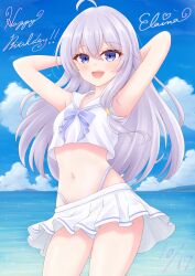  ahoge arms_behind_head arms_up beach bikini birthday blue_eyes blush breasts commentary_request day elaina_(majo_no_tabitabi) female grey_hair hair_between_eyes happy_birthday highres kanon_tsubana long_hair looking_at_viewer majo_no_tabitabi navel open_mouth outdoors purple_trim sailor_bikini sailor_collar sky small_breasts smile solo stomach swimsuit white_bikini white_sailor_collar 