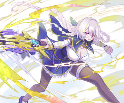 assault_lily blue_capelet blue_shirt blue_skirt boots braid braided_ponytail breasts brown_pantyhose capelet cleavage commentary detached_sleeves energy feet_out_of_frame female floating_hair frilled_skirt frills grey_background grey_hair hair_between_eyes hands_up holding holding_sword holding_weapon itou_urara large_breasts layered_sleeves legs_apart long_hair long_sleeves looking_at_viewer mila_(yuta27315) miniskirt multicolored_boots multiple_braids odaiba_girls_high_school_uniform outstretched_arm pantyhose parted_lips pink_eyes purple_boots school_uniform shirt side_braids skirt sleeves_past_wrists solo standing sword thigh_strap tri_braids twitter_username two-tone_background two-tone_boots two-tone_shirt untranslatable_commentary v-shaped_eyebrows very_long_hair weapon white_background white_boots white_shirt 