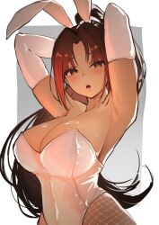  absurdres alternate_costume animal_ears ap_cammy arm_up armpits artist_name bare_shoulders blush breasts brown_eyes brown_hair cleavage commentary_request cowboy_shot curtained_hair elbow_gloves fake_animal_ears fatal_fury female fishnet_pantyhose fishnets gloves grey_background highleg highleg_leotard highres large_breasts leotard long_hair looking_at_viewer low_neckline open_mouth pantyhose parted_bangs playboy_bunny ponytail presenting_own_armpit rabbit_ears revision shiranui_mai simple_background solo standing strapless strapless_leotard street_fighter street_fighter_6 the_king_of_fighters white_background white_gloves white_leotard white_pantyhose 