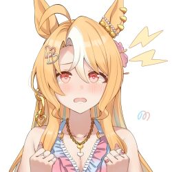  07nono06 ahoge animal_ears bare_shoulders bikini blonde_hair blush breasts collarbone commentary_request female fusaichi_pandora_(snatchin'_hearts)_(umamusume) fusaichi_pandora_(umamusume) gradient_bikini hair_between_eyes highres horse_ears horse_girl long_hair looking_at_viewer multicolored_hair official_alternate_costume official_alternate_hairstyle open_mouth red_eyes solo swimsuit umamusume upper_body 