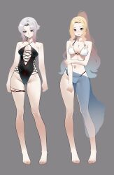  2girls absurdres barefoot belt bikini black_one-piece_swimsuit blonde_hair breasts center_opening character_request copyright_request criss-cross_halter cross-laced_clothes cross-laced_one-piece_swimsuit full_body grey_background grey_hair groin halterneck high_ponytail highleg highleg_bikini highres kimi_(hearty_yuuki) long_hair looking_at_viewer multiple_girls navel o-ring o-ring_belt o-ring_bikini one-piece_swimsuit ponytail red_eyes sarong short_hair simple_background standing swimsuit thigh_belt thigh_strap toes v-shaped_eyebrows white_bikini 