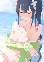  bare_shoulders bikini black_bow black_hair blue_hair bow braid breasts cleavage colored_inner_hair commentary_request dress female flower frills green_jacket hair_flower hair_ornament hair_scrunchie hat highres jacket leripen long_hair long_sleeves looking_at_viewer medium_breasts multicolored_hair nazuka_(a_dip_of_fresh_summer)_(stella_sora) nazuka_(stella_sora) off_shoulder official_alternate_costume outdoors pink_eyes scrunchie single_braid solo stella_sora summer sundress swimsuit symbol-shaped_pupils thighs two-tone_hair watermark white_bikini 