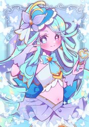  aqua_eyes aqua_hair aqua_necktie aqua_skirt blue_hat blush bow breasts closed_mouth commentary cure_eclair detached_sleeves drill_hair earrings female hair_ornament hat hat_ornament heterochromia highres howa_kurea jewelry layered_skirt long_hair looking_at_viewer meitantei_precure! midriff navel necktie pink_eyes ponytail pre-kit_mirror_loupe precure skirt smile solo stomach twinkle_time umecha_0 v yellow_eyes 