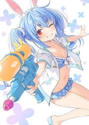  :d animal_ear_fluff animal_ears bikini bikini_skirt blue_bikini blue_hair breasts cleavage commentary extra_ears female frilled_bikini frills front-tie_bikini_top front-tie_top grin highres holding holding_water_gun hololive hood hooded_jacket jacket long_hair looking_at_viewer multicolored_hair navel official_artist_extra one_eye_closed open_clothes open_jacket orange_eyes polka_dot polka_dot_bikini rabbit-shaped_pupils rabbit_ears rabbit_girl short-sleeved_jacket short_eyebrows short_sleeves small_breasts smile solo streaked_hair swimsuit symbol-shaped_pupils thick_eyebrows twintails two-tone_hair usada_pekora virtual_youtuber water_gun white_jacket white_streaks yuuki_hagure 