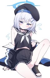  beret black_choker black_hat black_nails black_sailor_collar blue_archive blue_halo choker commentary female halo hat highres jacket knee_up looking_at_viewer neckerchief nonddu open-toe_shoes open_clothes open_jacket pleated_skirt sailor_collar sitting skirt sleeveless solo sumika_(blue_archive) untranslatable_commentary white_background white_neckerchief 